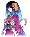  aqua_eyes bangs blue_hair blunt_bangs bow chiyo_(fragile) flower fragile:_sayonara_tsuki_no_haikyo hair_flower hair_ornament highres japanese_clothes kekekeke kimono long_hair obi sash smile solo 