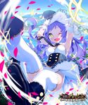  ;d blurry breasts cleavage depth_of_field fallen_down fang gloves green_eyes hat highres long_hair looking_at_viewer medium_breasts official_art one_eye_closed open_mouth petals pointing purple_hair shingeki_no_bahamut smile solo white_gloves white_legwear witch_hat yuuhi_homare 