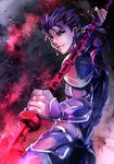 blue_hair fate/stay_night fate_(series) gae_bolg highres janne_cherry lancer long_hair male_focus polearm ponytail red_eyes solo spear weapon 