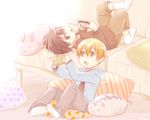  black_eyes black_hair blonde_hair bunny cat couch eugeo game_console green_eyes kirito lying multiple_boys nyame pillow playing_games short_hair stuffed_toy sword_art_online 
