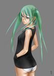  ass bespectacled blue_eyes breasts from_behind glasses green_hair grey_background hands_in_pockets hatsune_miku highres kamitani_takahiro lips long_hair looking_back no_pants nose panties sleeveless small_breasts solo twintails underwear vest vocaloid 