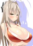  amagi_brilliant_park antenna_hair bikini blonde_hair breasts brown_eyes cleavage highres huge_breasts long_hair looking_at_viewer o-ring o-ring_top sento_isuzu shadow simple_background solo souma_(ordures) swimsuit upper_body white_background 