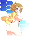  ass blue_eyes blush breasts brown_hair gundam gundam_build_fighters gundam_build_fighters_try hoshino_fumina jacket large_breasts looking_back nipples nude ponytail rikumaru scrunchie sidelocks solo 