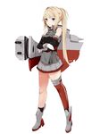  akiha_(attract) alternate_hairstyle bad_id bad_twitter_id blonde_hair blue_eyes crossed_arms detached_sleeves full_body hms_renown kantai_collection long_hair machinery no_hat no_headwear ponytail single_thighhigh skirt solo standing thighhighs unfinished white_background 