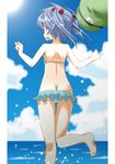  akagiakemi arms_up ass back barefoot bikini bikini_bottom bikini_top blue_eyes blue_hair blue_sky blush butt_crack cloud cloudy_sky day fangs from_behind hair_bobbles hair_ornament hat hat_removed headwear_removed kawashiro_nitori leg_up midriff ocean open_mouth outstretched_arms sky smile soles standing standing_on_one_leg swimsuit touhou two_side_up water 