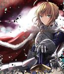  ahoge armor armored_dress artoria_pendragon_(all) blonde_hair cape dress excalibur fate/stay_night fate_(series) gauntlets green_eyes hand_on_hilt iwanaga_tm saber solo 