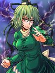  breasts dress electricity green_dress green_hair hat highres large_breasts looking_at_viewer open_mouth short_hair smirk soga_no_tojiko solo tanakara tate_eboshi touhou war_paint yellow_eyes 