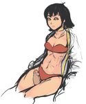  34no404 black_hair bra breasts brown_eyes censored choker cleavage cropped_legs disembodied_penis dougi downcast_eyes hetero highres makoto_(street_fighter) medium_breasts novelty_censor open_clothes panties penis red_bra red_panties ribbon_choker short_hair sketch solo_focus strapless strapless_bra street_fighter thigh_sex toned underwear 