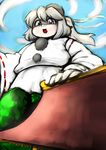  absurdres cloud cloudy_sky day fat giantess hat highres long_hair mononobe_no_futo nazotyu open_mouth ponytail silver_hair skirt sky smile solo stay_puft tate_eboshi touhou 