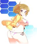  ass bikini blue_eyes blush breasts brown_hair butt_crack gundam gundam_build_fighters gundam_build_fighters_try hoshino_fumina jacket large_breasts looking_back ponytail rikumaru scrunchie side-tie_bikini sideboob sidelocks smile solo swimsuit underboob 