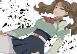  blouse breasts brown_eyes brown_hair cravat dutch_angle gj gundam gundam_build_fighters gundam_build_fighters_try juliet_sleeves large_breasts long_sleeves open_mouth pantyhose puffy_sleeves sazaki_kaoruko scrunchie skirt solo twintails white_background white_legwear 