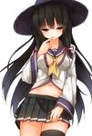  black_hair black_legwear blush breasts center_opening cowboy_shot finger_to_mouth hair_ribbon half-closed_eyes halloween hat isokaze_(kantai_collection) kantai_collection long_hair looking_at_viewer medium_breasts mizushina_minato navel pleated_skirt ribbon school_uniform serafuku single_thighhigh skirt smile solo thighhighs unbuttoned very_long_hair white_background witch_hat 