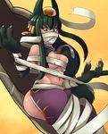  animal_ears anubis_(monster_girl_encyclopedia) bdsm black_hair bondage bound bound_legs breasts budget_sarashi covered_mouth dark_skin dog_ears egyptian egyptian_mythology green_hair greenmarine hair_ornament highres large_breasts long_hair mask monster_girl monster_girl_encyclopedia paws red_eyes sarashi sarcophagus solo underboob you're_doing_it_wrong 