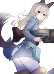  animal_ears belt_pouch blonde_hair cowboy_shot eila_ilmatar_juutilainen gun highres long_hair looking_at_viewer machine_gun pantyhose pouch profile purple_eyes solo strike_witches striker_unit sumisu_(mondo) tail weapon white_background white_legwear world_witches_series 