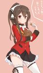  aiguillette akagi_(kantai_collection) alternate_hairstyle amagi_brilliant_park bad_id bad_twitter_id bag bow cosplay croquette food frilled_skirt frills hair_ribbon highres holding holding_food jpeg_artifacts kantai_collection long_hair paper_bag pink_background ponytail ribbon sento_isuzu sento_isuzu_(cosplay) simple_background skirt smile solo takehana_note thigh_ribbon thighhighs thighs translation_request uniform white_legwear 