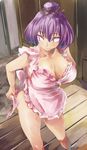  apron bare_shoulders breasts cabinet commentary_request hair_bun hair_ribbon highres large_breasts naked_apron purple_hair red_eyes ribbon short_hair smile solo touhou yasaka_kanako yohane 