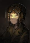  black_hair blue_eyes commentary dirty dirty_face erica_(naze1940) fury_(movie) goggles goggles_on_headwear helmet highres low_ponytail military military_uniform original ptsd solo traumatized uniform us_army world_war_ii 