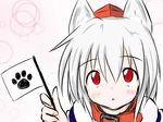  :&lt; animal_ears blush collar flag hat holding inubashiri_momiji looking_at_viewer pom_pom_(clothes) red_eyes short_hair silver_hair solo taurine_8000mg tokin_hat touhou wolf_ears 