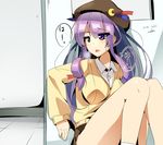  alternate_costume commentary_request contemporary hat long_hair looking_to_the_side lying miniskirt miton_(turuyasann) mob_cap on_back open_door open_mouth patchouli_knowledge pleated_skirt purple_eyes purple_hair school_uniform sitting skirt solo sweater_vest touhou translation_request very_long_hair 
