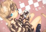  animal_ears bad_id bad_tumblr_id blonde_hair blue_eyes brown_hair cat_ears cat_tail coffee cup from_above katou_itsuwa leg_warmers long_hair multicolored_hair original solo striped striped_sweater sweater tail two-tone_hair 