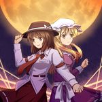  adjusting_clothes adjusting_hat blonde_hair bow brown_eyes brown_hair dress full_moon ghostly_field_club hair_bow hat holding_hands long_hair maribel_hearn moon multiple_girls necktie night ribbon short_hair skirt smile touhou unagi_sango usami_renko yellow_eyes 