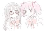  akemi_homura blush bow glasses kaname_madoka long_hair mahou_shoujo_madoka_magica multiple_girls nibi school_uniform short_hair simple_background sketch smile white_background 