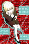  :t artoria_pendragon_(all) blonde_hair cellphone english fate/stay_night fate_(series) formal full_body green_eyes high_heels highres jisue10 lyrics pencil_skirt phone saber sitting skirt skirt_suit solo suit 
