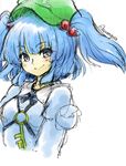  artist_name azumaya_toushirou black_ribbon blue_hair blush dress hair_bobbles hair_ornament hat kawashiro_nitori key long_sleeves looking_at_viewer paper_(medium) pocket ribbon shirt simple_background sketch smile solo touhou traditional_media two_side_up watercolor_(medium) white_background 