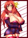  1girl bare_shoulders breasts cleavage collar curvy detached_sleeves dress female garter_belt hair_ornament highres huge_breasts jcdr long_breasts long_hair miniskirt red_hair red_legwear red_thighhighs skirt solo standing thighhighs yellow_eyes 