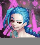  blue_hair braid character_name gonster grin jinx_(league_of_legends) league_of_legends long_hair nude red_eyes smile solo tattoo upper_body 