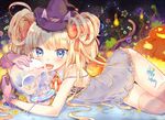  :d animal_ears ass blonde_hair blue_eyes body_writing bow candy cat_ears cat_tail dress fang food hair_bow hair_ribbon halloween hat lollipop long_hair looking_at_viewer lying on_side open_mouth original ribbon see-through skull smile solo tail touyama_soboro trick_or_treat witch_hat 