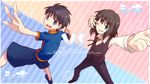  alternate_costume amano-sora black_hair blue_eyes bow bowtie capsule_servant character_name child fangs grin male_focus multiple_boys nanaya_shiki one_eye_closed open_mouth pose shorts smile toono_shiki toono_shiki_(2) tsukihime vest younger 