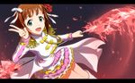 :d amami_haruka bob_cut boots bow bowtie brown_hair epaulettes flower frilled_skirt frills glaive glowing glowing_weapon green_eyes hair_flower hair_ornament hair_ribbon highres idolmaster idolmaster_(classic) idolmaster_movie knee_boots kouchou letterboxed looking_at_viewer magical_girl open_mouth ribbon rose short_hair skirt smile solo tailcoat the_sleeping_beauty_(idolmaster) v weapon 
