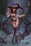  bad_id bad_pixiv_id black_legwear boots breasts brown_hair cleavage fantasy hat highres large_breasts lips long_hair ml.e navel original pointy_ears purple_eyes skull solo staff thigh_boots thighhighs witch witch_hat 