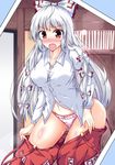  blush breasts collared_shirt d: embarrassed fang fujiwara_no_mokou full-face_blush highres large_breasts long_hair long_sleeves looking_at_viewer naba_(take_tonbo) open_mouth overalls pants pants_down photo_(object) red_eyes shirt solo thighs touhou white_hair 