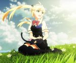  blonde_hair cat cloud day grass green_eyes grisaia_(series) grisaia_no_kajitsu matsushima_michiru pleated_skirt school_uniform screencap skirt sky solo thighhighs twintails 