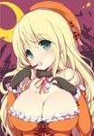  alternate_costume atago_(kantai_collection) bat black_gloves blonde_hair blush breasts candy cleavage crescent_moon detached_collar detached_sleeves food gloves green_eyes halloween hat kantai_collection large_breasts lips long_hair looking_at_viewer moon smile solo star upper_body watanon_(gakushokutei) 
