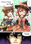  2girls admiral_(kantai_collection) alternate_costume animal_ears arai_harumaki brown_eyes brown_hair cat_ears folded_ponytail halloween hat ikazuchi_(kantai_collection) inazuma_(kantai_collection) kantai_collection multiple_girls nanodesu_(phrase) rape_face shaded_face trick_or_treat witch witch_hat 