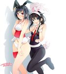  adapted_costume animal_ears bare_shoulders black_hair black_legwear blue_eyes braid breasts brown_hair bunny_ears bunny_tail bunnysuit cleavage commentary_request highres kantai_collection large_breasts leotard long_hair multiple_girls obi open_mouth pantyhose red_eyes sash shigure_(kantai_collection) short_hair single_braid smile tail tebi_(tbd11) wrist_cuffs wristband yamashiro_(kantai_collection) 