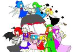 bat_wings beret black_skirt blonde_hair blue_bow blue_dress blue_eyes blue_hair blue_ribbon book bow braid cirno crescent crescent_hair_ornament daiyousei dress flandre_scarlet flying green_eyes green_hair hair_bow hair_ornament hair_ribbon hat hat_ribbon head_wings highres hong_meiling ice ice_wings izayoi_sakuya koakuma long_hair long_sleeves maid_headdress mob_cap multiple_girls open_mouth patchouli_knowledge pink_dress puffy_short_sleeves puffy_sleeves purple_eyes purple_hair red_bow red_eyes red_hair red_ribbon remilia_scarlet ribbon rumia short_hair short_sleeves siblings side_ponytail silver_hair sisters skirt smile socks the_embodiment_of_scarlet_devil touhou twin_braids very_long_hair wings 