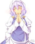  blush breasts hat highres kokka_han large_breasts lavender_hair letty_whiterock long_sleeves short_hair simple_background sketch smile solo touhou white_background 
