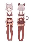  akagashi_hagane alternate_costume animal_ears ass back bra brown_legwear frills full_body grey_hair lingerie midriff mouse_ears mouse_tail multiple_views navel nazrin panties panties_under_pantyhose pantyhose red_eyes see-through short_hair simple_background smile tail touhou turnaround underwear underwear_only white_background 