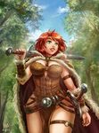  2014 belt breasts buckle cape cleavage cloud cowboy_shot day forest fur_trim green_eyes la_quete_de_l'aube large_breasts looking_to_the_side maxa' nature no_panties outdoors over_shoulder red_hair sky smile solo sunlight sword sword_over_shoulder tyra_oeil_de-loup vambraces walking weapon weapon_over_shoulder 
