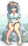  absurdres aqua_eyes blue_hair breasts dripping full_body goggles goggles_on_head hair_bobbles hair_ornament hat highres kawashiro_nitori key knees_together_feet_apart large_breasts looking_at_viewer shirt short_sleeves sitting sitting_on_rock smile solo swimsuit swimsuit_under_clothes tanakara taut_clothes taut_shirt touhou two_side_up wet wet_clothes 