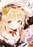  blonde_hair blue_eyes boku_wa_tomodachi_ga_sukunai confetti crown gothic_lolita happy_birthday hasegawa_kobato headdress heterochromia highres lolita_fashion long_hair mini_crown red_eyes ribbon saikoro solo stuffed_animal stuffed_bunny stuffed_toy 