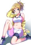  arm_behind_head bike_shorts blue_eyes brown_hair collarbone cut_(bu-kunn) gundam gundam_build_fighters gundam_build_fighters_try highres hoshino_fumina jacket midriff navel scrunchie sitting smile solo sports_bra sweat 