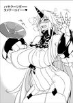  bare_shoulders blush breasts claws cosplay detached_sleeves dress drunk greyscale horn hoshiguma_yuugi huge_breasts kantai_collection long_hair monochrome numahana ribbed_dress seaport_hime seaport_hime_(cosplay) short_dress sideboob solo touhou translated very_long_hair 