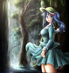  blue_eyes blue_hair breasts dress forest hair_bobbles hair_ornament hat kawashiro_nitori key large_breasts light_rays long_sleeves looking_at_viewer nature open_mouth river satoji_(ochanomkmskry) shirt short_hair skirt skirt_set solo standing sunbeam sunlight touhou tree two_side_up wading water 