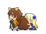  animal_ears blazblue blonde_hair blush breasts brown_eyes brown_hair chibi jin_(mugenjin) large_breasts large_tail makoto_nanaya multicolored_hair multiple_girls navel noel_vermillion squirrel_ears squirrel_tail tail tail_hug two-tone_hair 