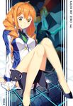  arm_support baldr_sky_zero bare_shoulders black_cat breasts cat copyright_name drill_hair high_heels katou_itsuwa long_hair marel md5_mismatch medium_breasts necktie orange_hair sitting smile solo twin_drills uniform yellow_eyes 